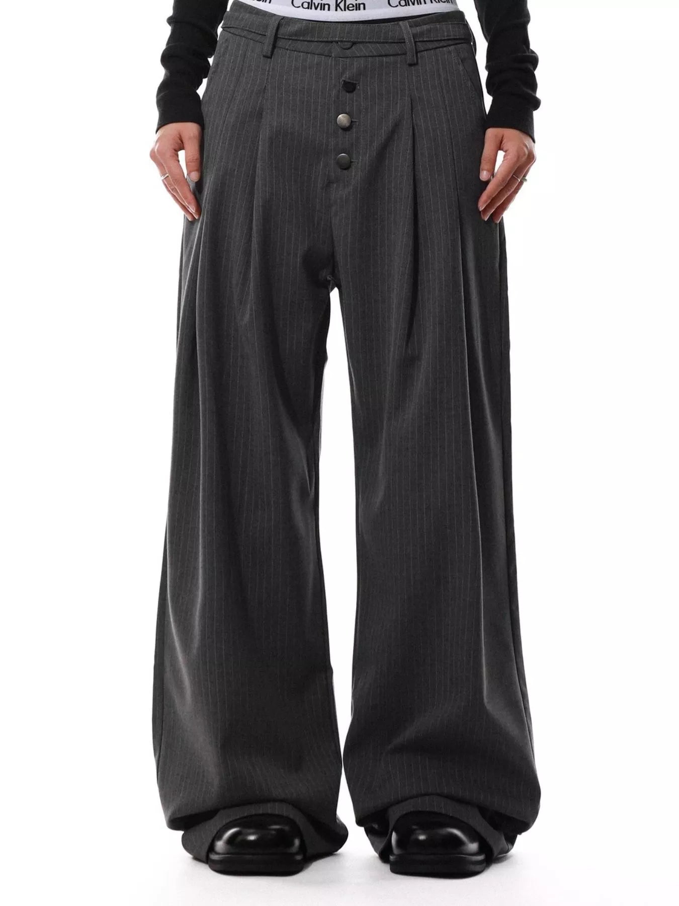 Men's Plus Size Wide Leg Striped Button-Front Pants