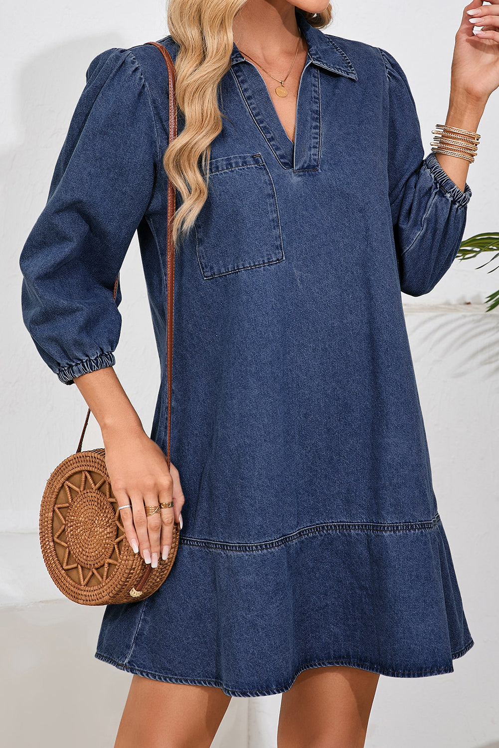 Denim Collared V-Neck Chest Pocket Dress