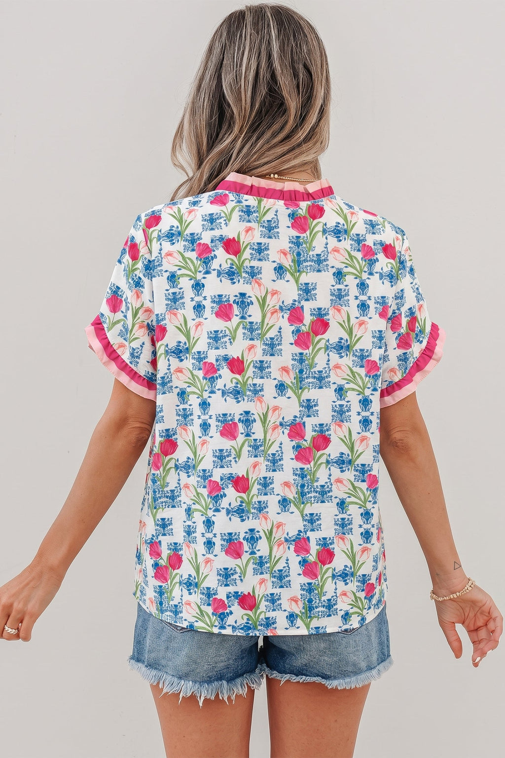 Rose Floral Print Ruffle V-Neck Short Sleeve Loose Tunic Shirt