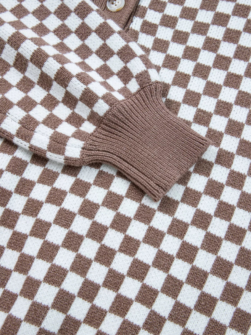 Half Button Ribbed Trim Checkerboard Knit Sweater