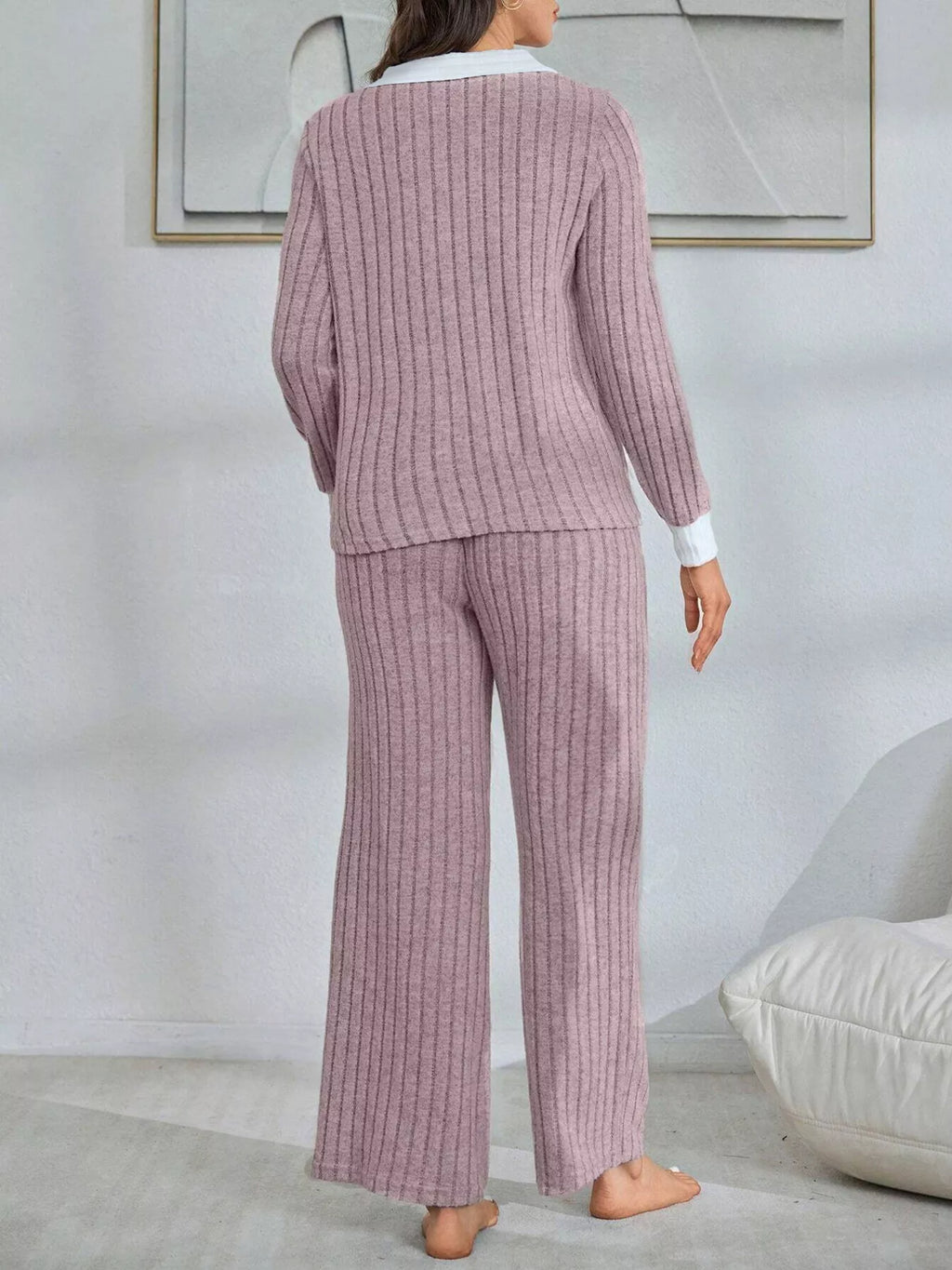 Ribbed Knit Polo Collar Top and Pants Lounge Set