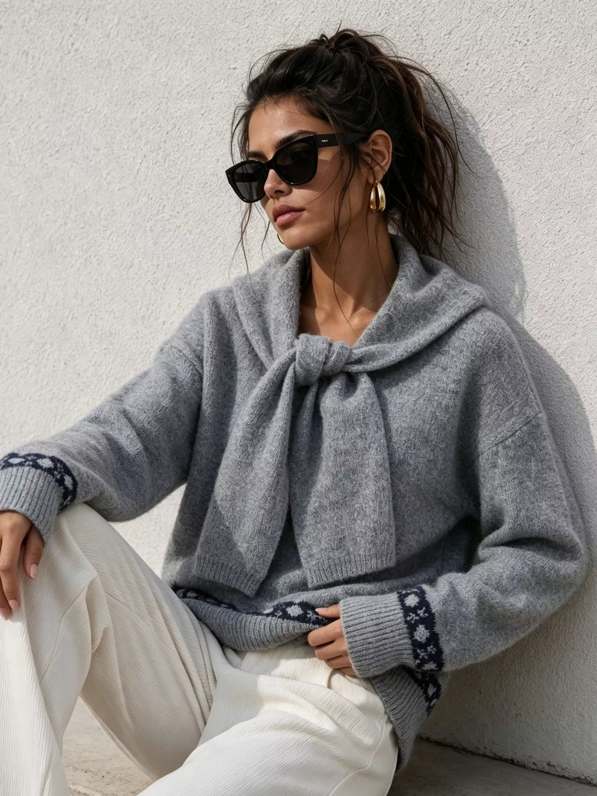 Scarf Detail Dropped Shoulder Sweater