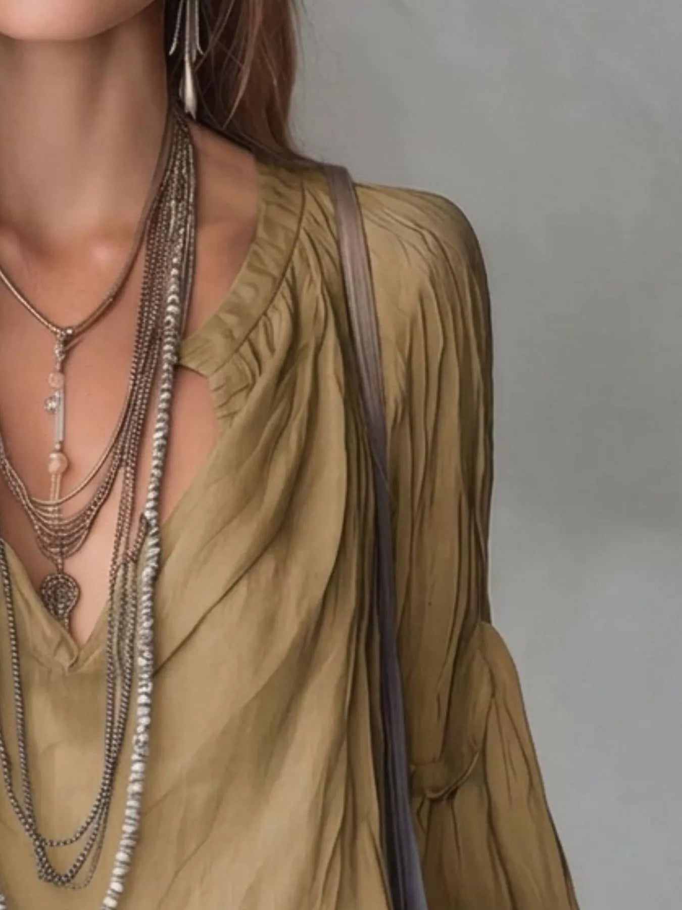 Notched Balloon Sleeve Blouse