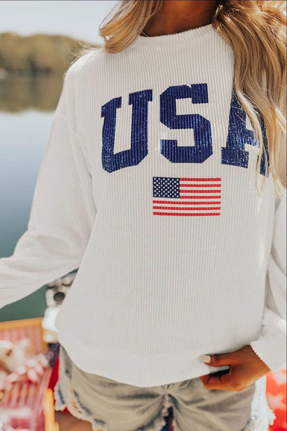 US Flag Corded Texture Long Sleeve Sweatshirt