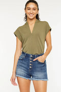 High Rise Frayed Hem Denim Shorts with Button Front