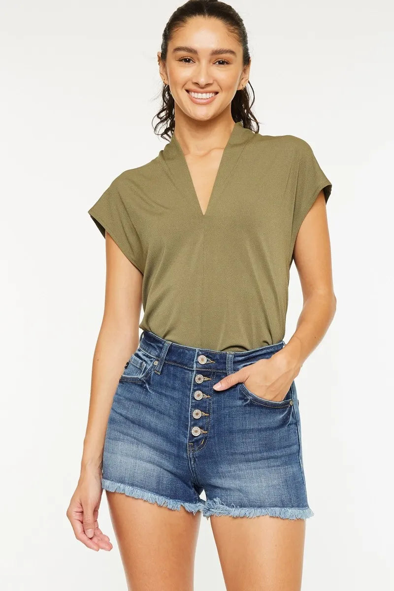High Rise Frayed Hem Denim Shorts with Button Front