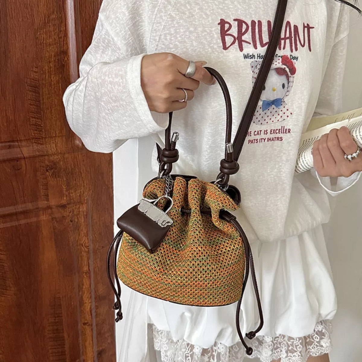 Woven Drawstring Crossbody Bag