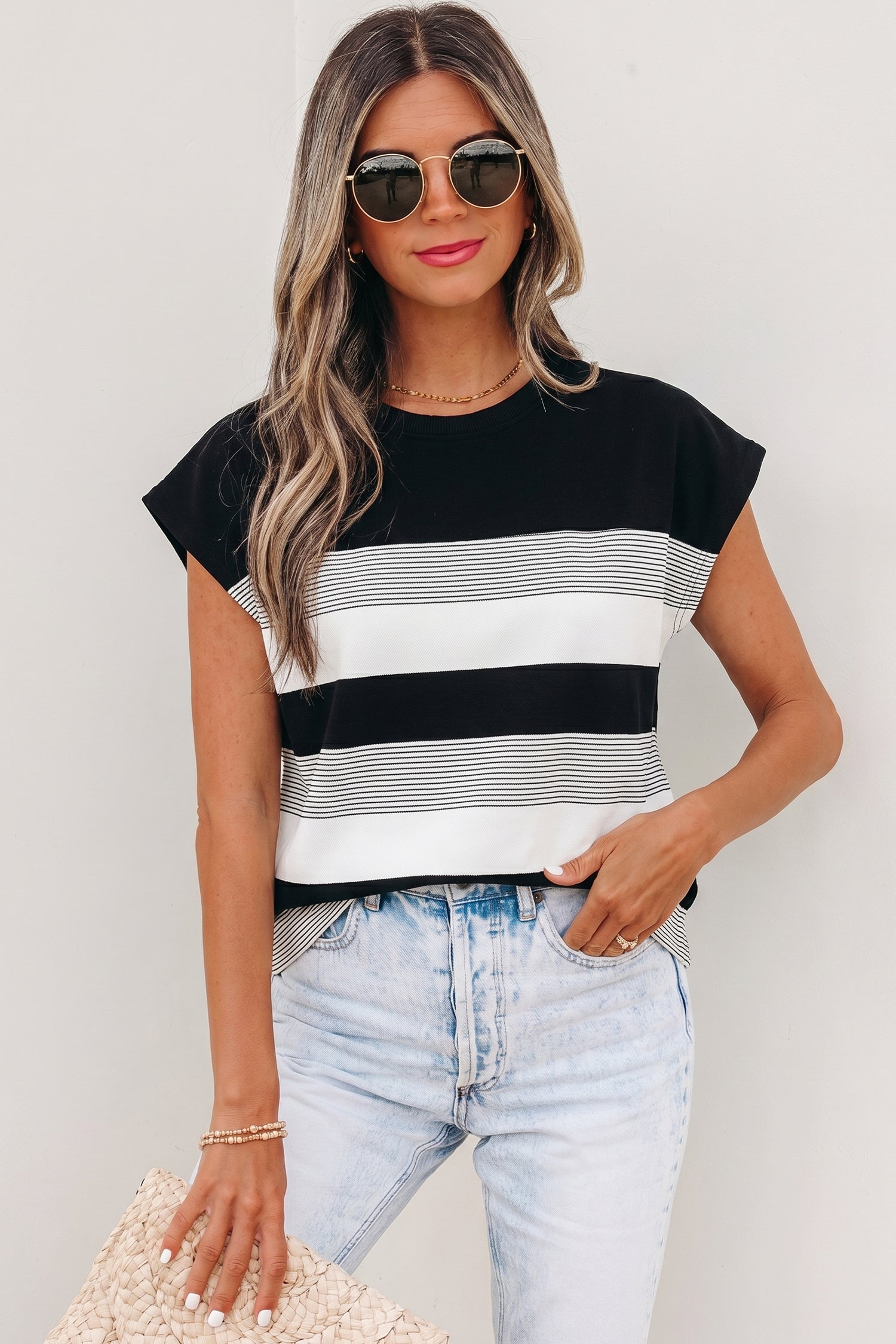 Black Stripe Mixed Print Crew Neck Cap Sleeve T Shirt