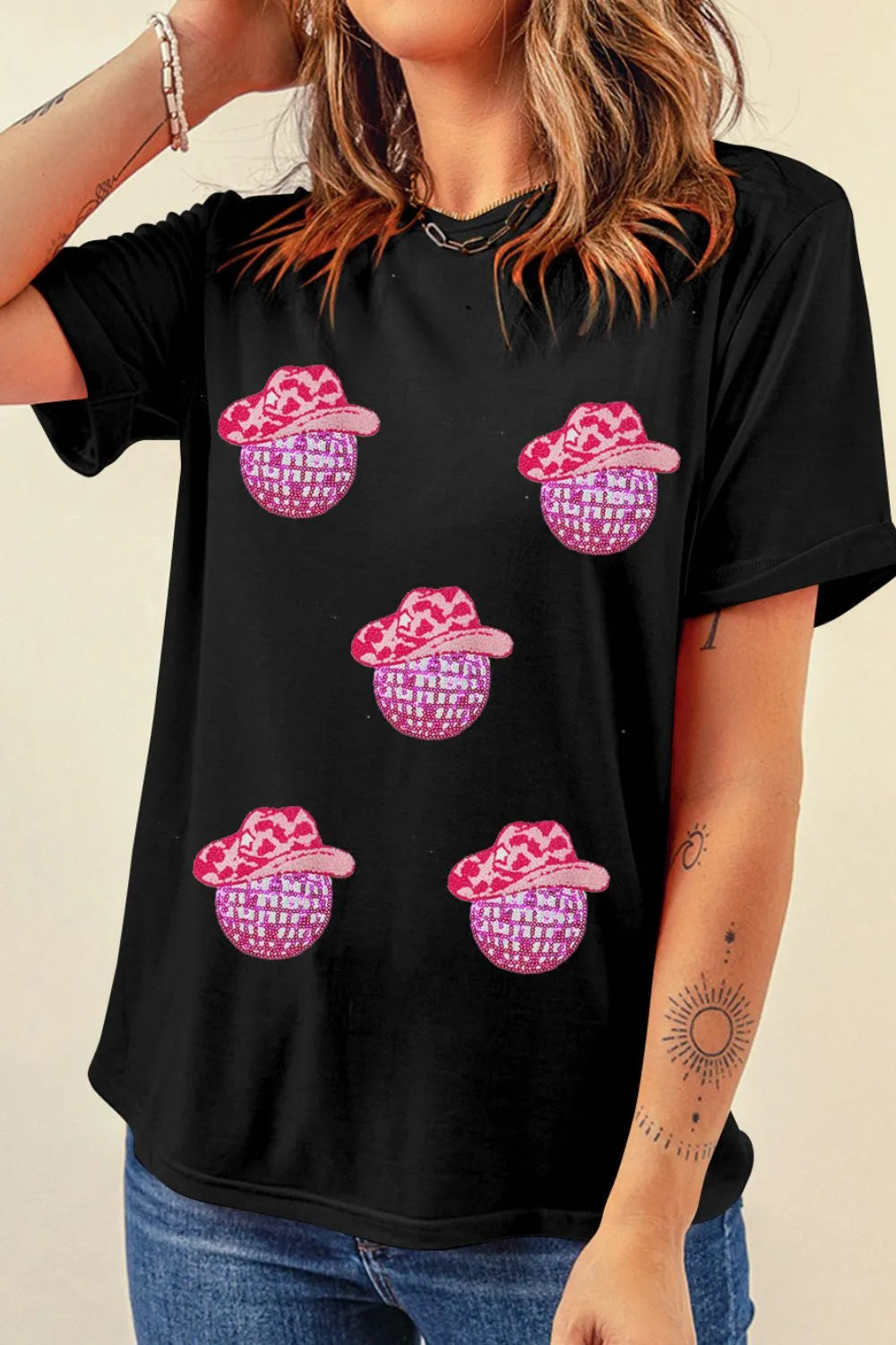 Cowboy Hat Disco Ball Patch Round Neck T-Shirt