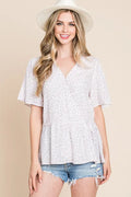 Ditsy Floral Print Wrap Blouse with V-Neck and Short Sleeves