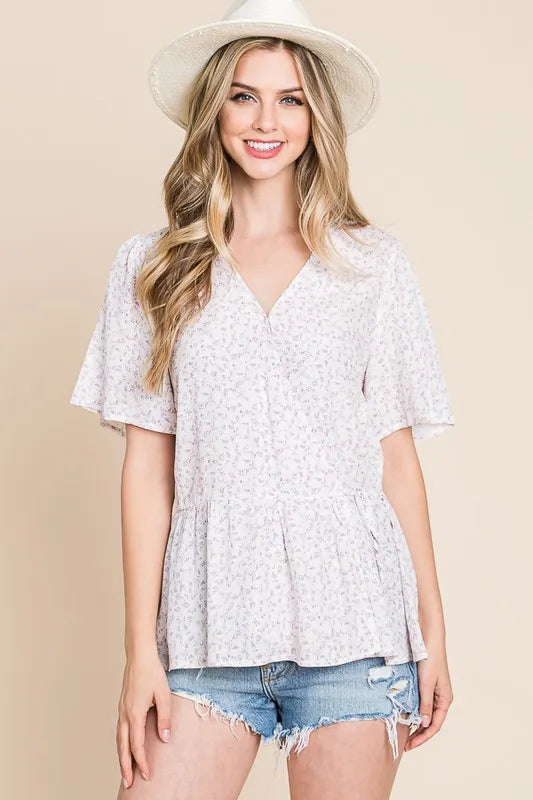 Ditsy Floral Print Wrap Blouse with V-Neck and Short Sleeves