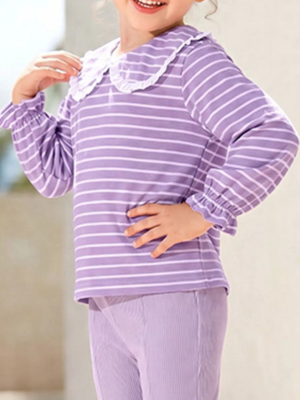 Children's Striped Ruffle Collar Top and Bow Flare Pants Set