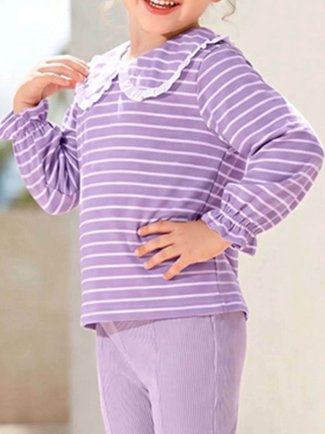 Children's Striped Ruffle Collar Top and Bow Flare Pants Set