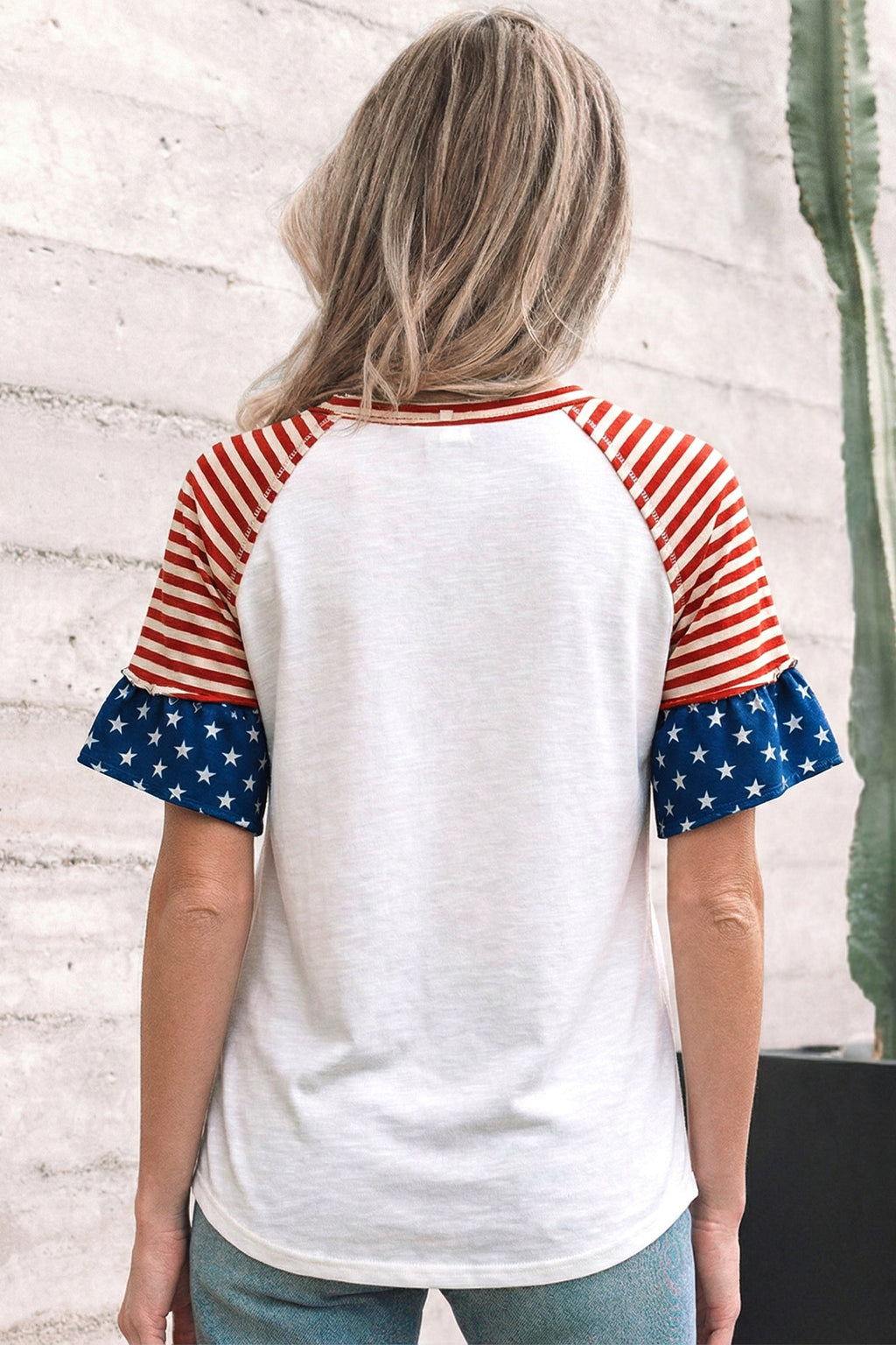 Fiery Red Star Detail Flag Inspired Short Sleeve Top