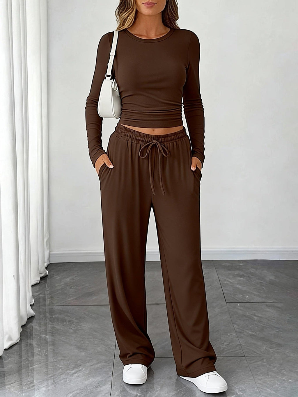 Amazon 2025 New European And American Style Slimming Waist-Cinching Fashionable Casual Suit Sports Yoga Spring And Summer Round Neck Long-Sleeved Women's Clothing