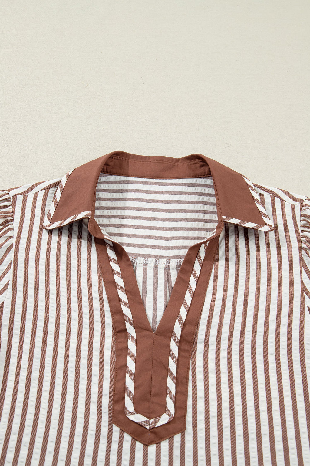 Stripe Collared V-Neck Bubble Sleeve Blouse
