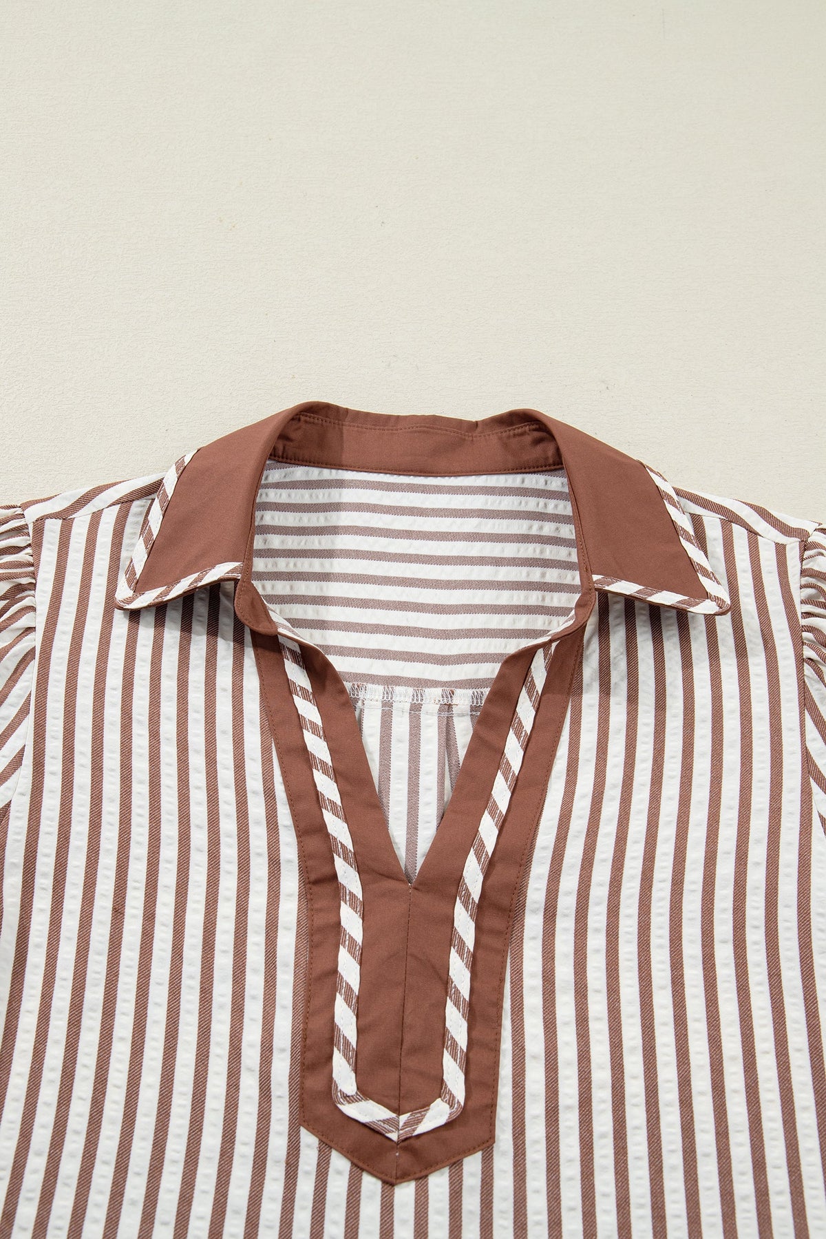 Stripe Collared V-Neck Bubble Sleeve Blouse