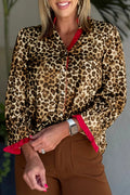 Brown Fierce Leopard Allure Contrast Ruffle Trim V Neck Shirt
