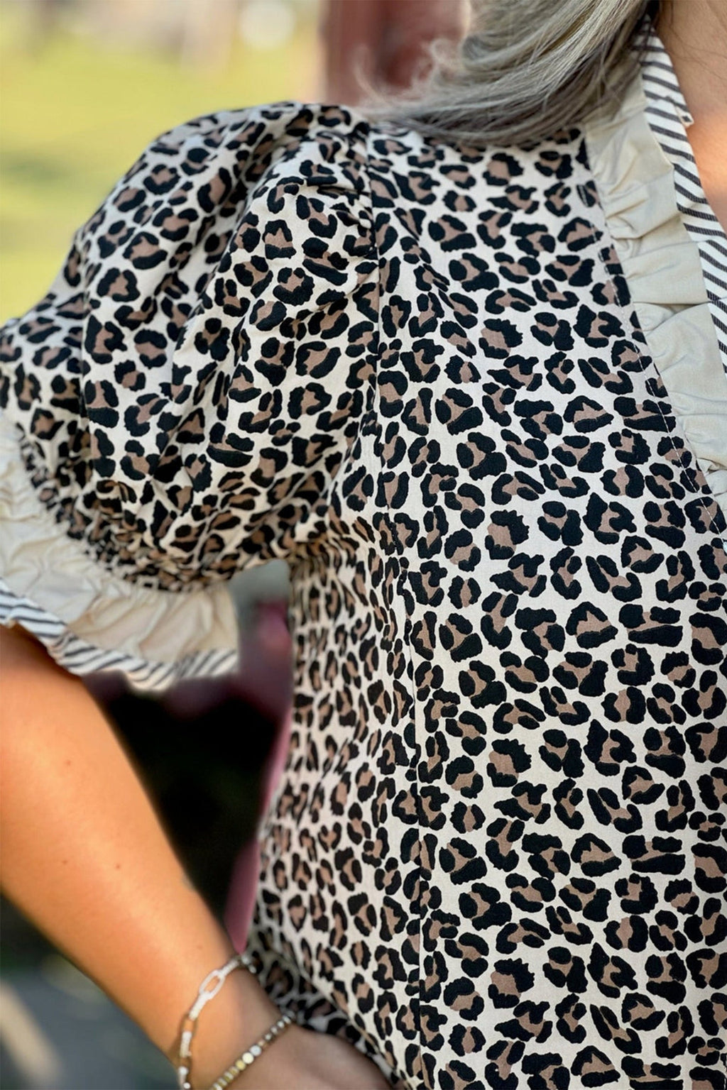 Black Plus Leopard Print Striped Color Block Trim Frilled V Neck Short Sleeve Blouse