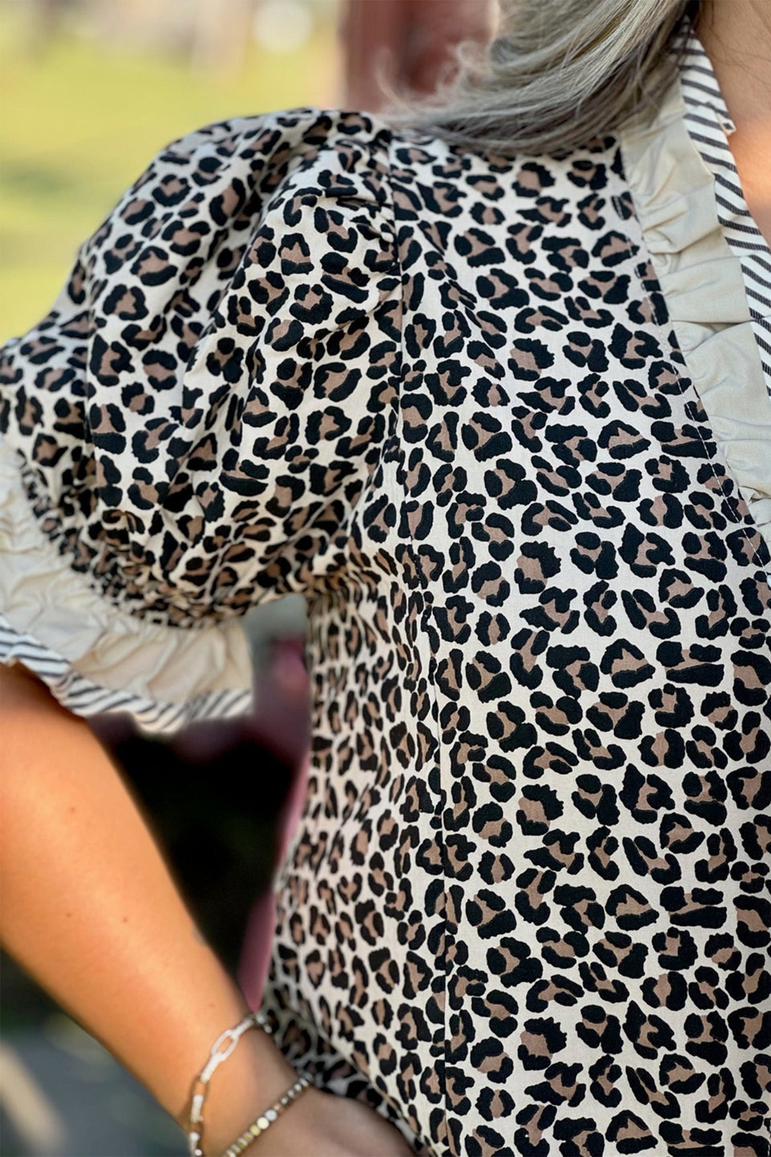 Black Plus Leopard Print Striped Color Block Trim Frilled V Neck Short Sleeve Blouse
