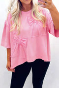 Solid Color Raw Edge Bow Patch Loose T Shirt