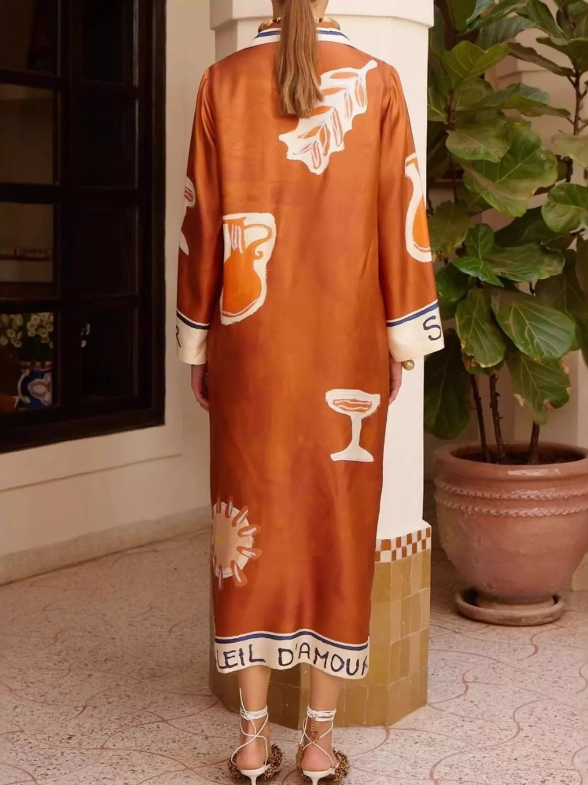 Contrast Trim Printed Button Down Midi Shirt Dress