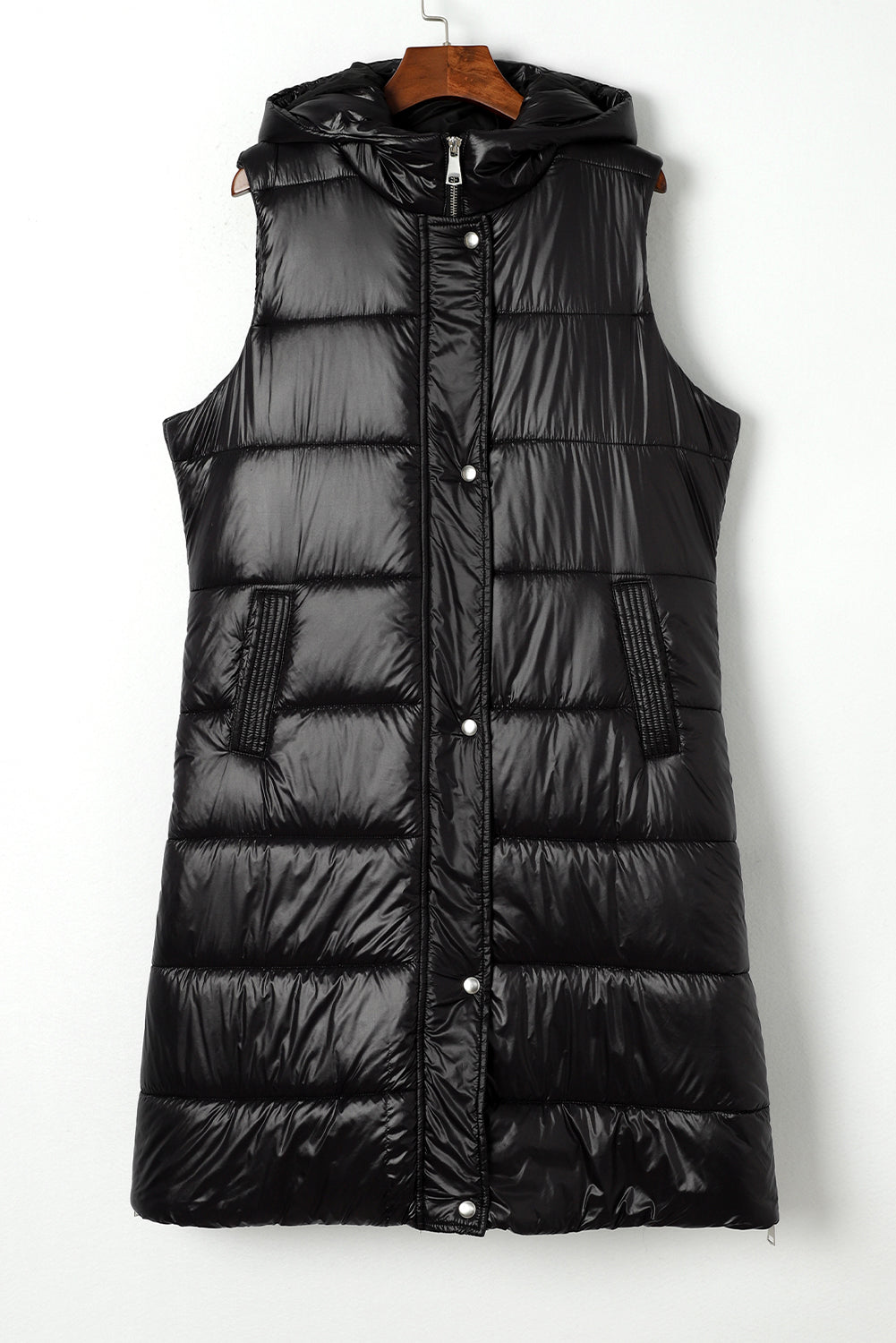 Solid Quilted Long Hooded Vest Coat