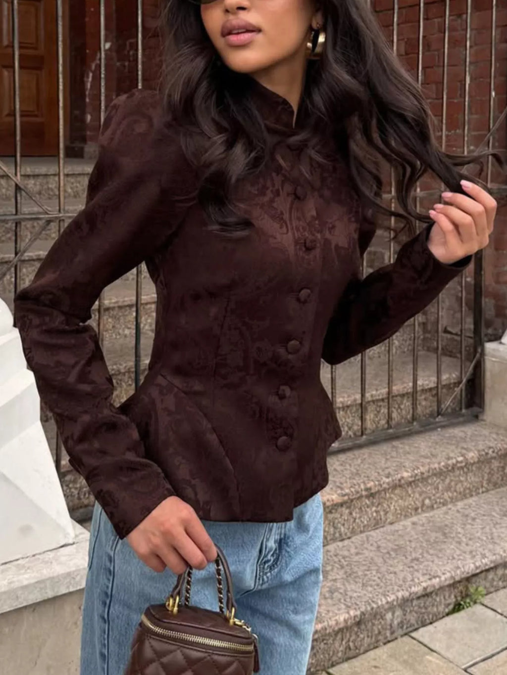 Jacquard Peplum Puff Sleeve Outerwear