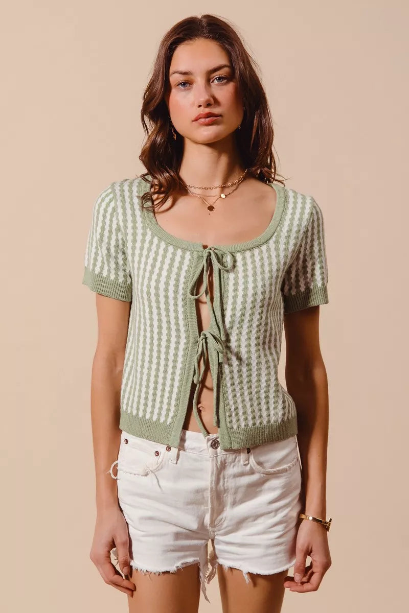 SO ME Tie Front Textured Vertical Stripe Knit Cardigan