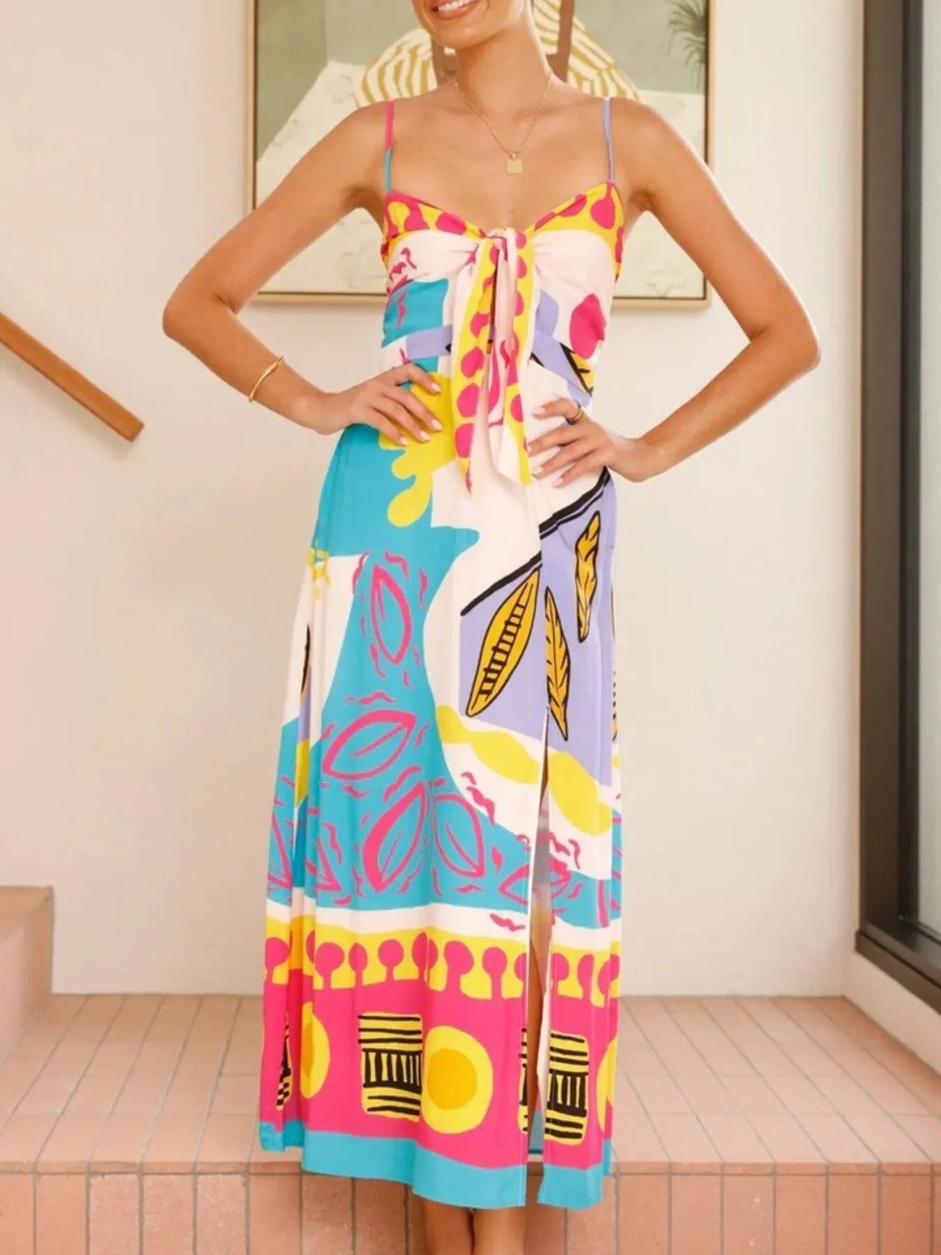 Tied Front Printed Slit Maxi Cami Dress