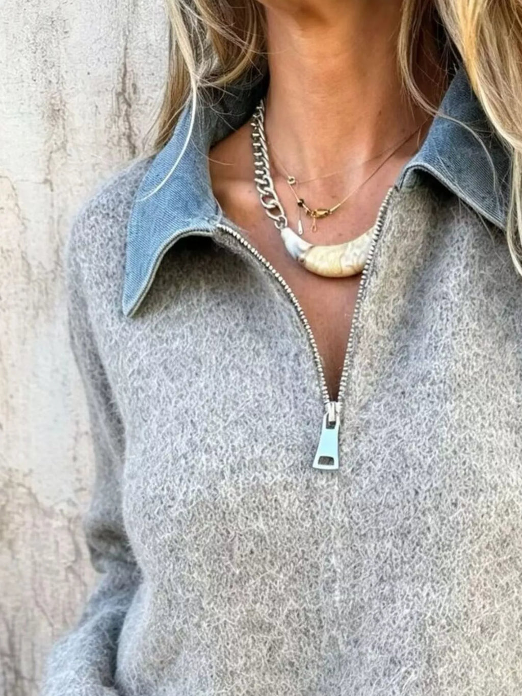 Contrast Denim Collar Half-Zip Knit Sweater