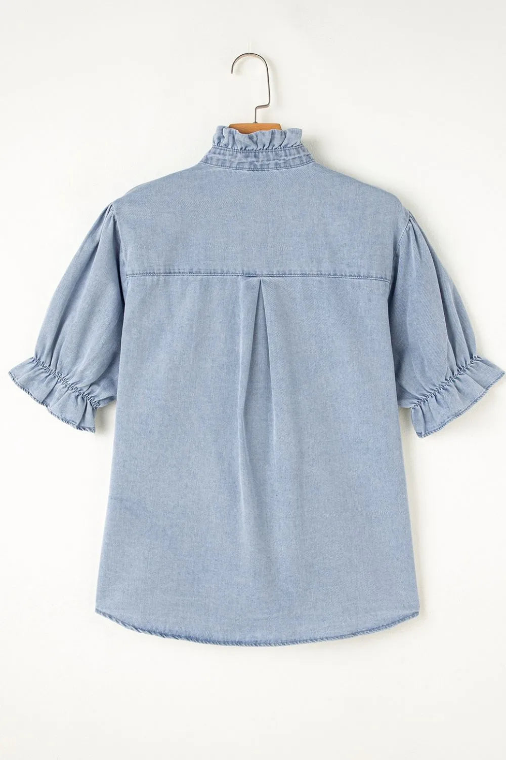Ruffle Short Puff Sleeve Button Down Denim Shirt