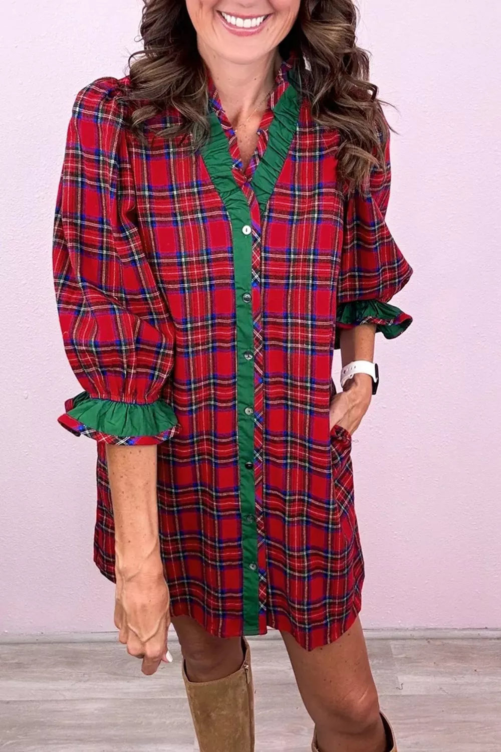 Plaid Ruffle Cuff Button Front Pocket Mini Dress