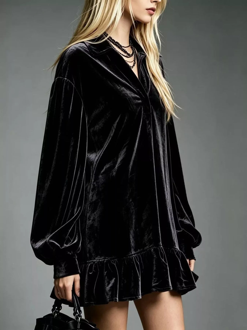 Full Size Velvet Ruffled Hem Long Sleeve Dress Plus Size