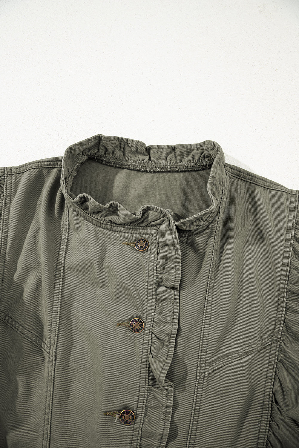 Margot Ruffle Plain Denim Jacket Vest - Green