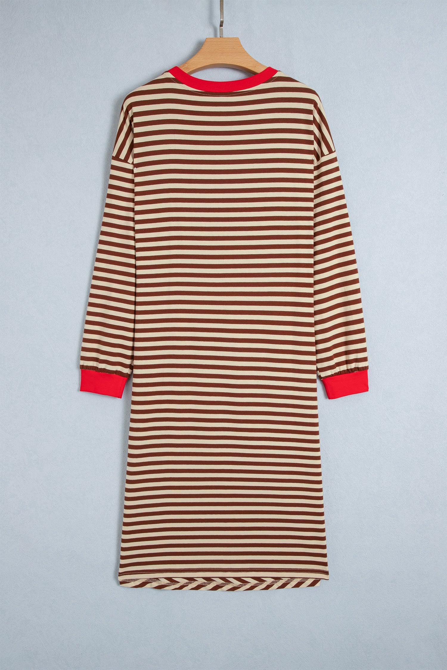Brown Stripe Striped Colorblock Cuffs Round Neck Long Sleeve Shift Dress