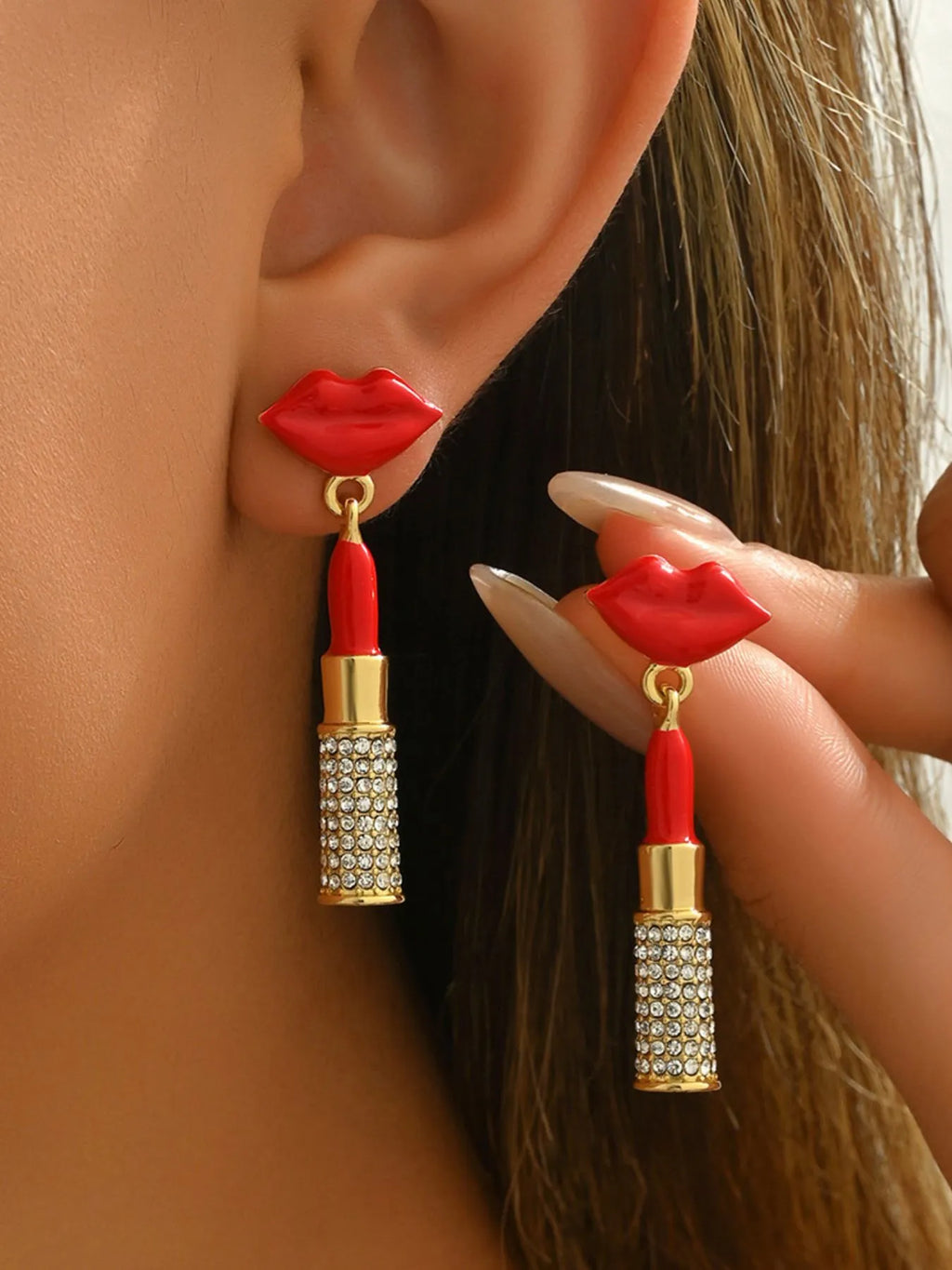Stainless Steel Resin Lipstick Rhinestone Drop Earrings
