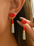Stainless Steel Resin Lipstick Rhinestone Drop Earrings