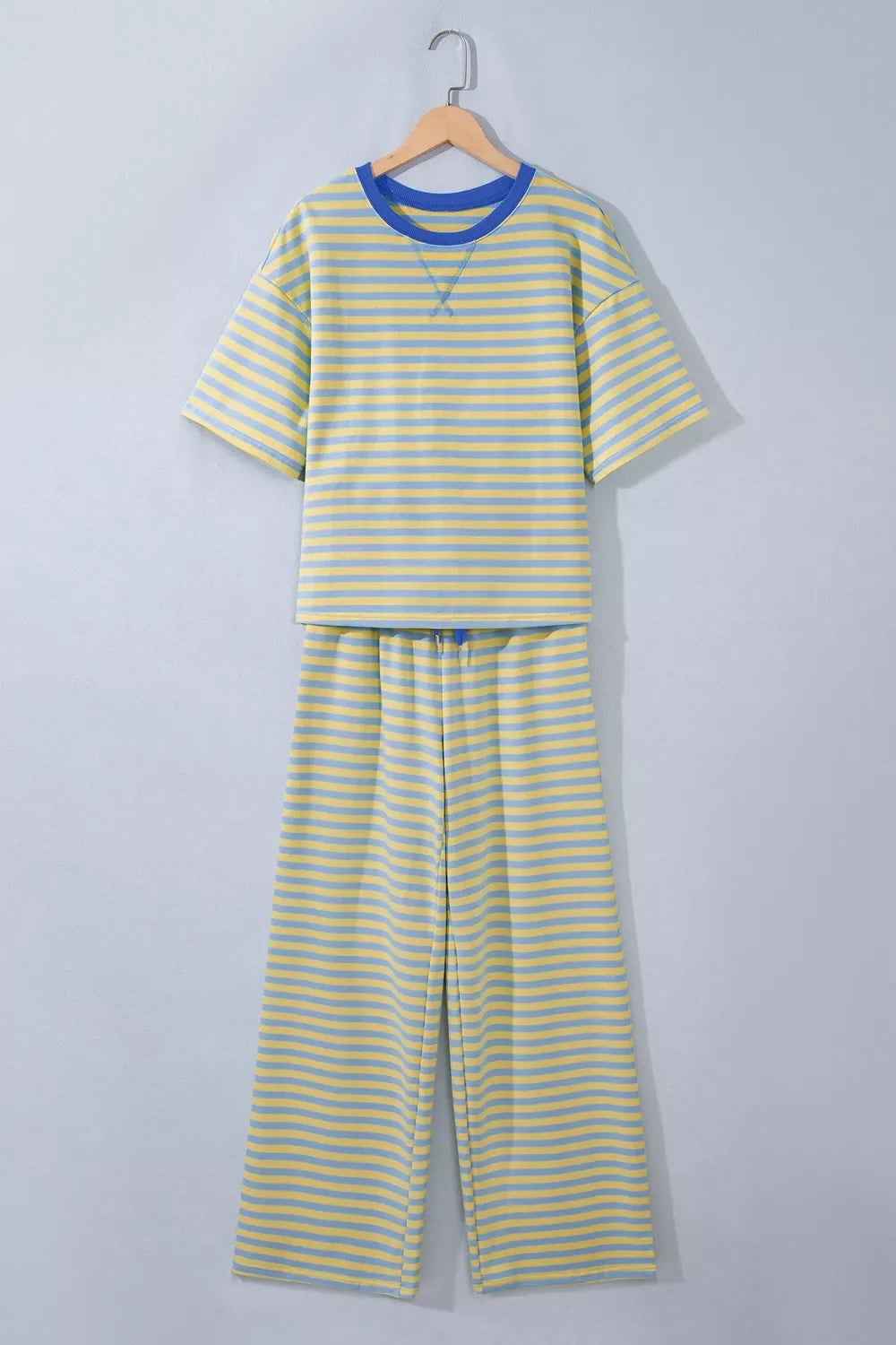 Stripe Colorblock Trim Crew Neck Loose Tee Drawstring Elastic Waist 2pcs Pant Set