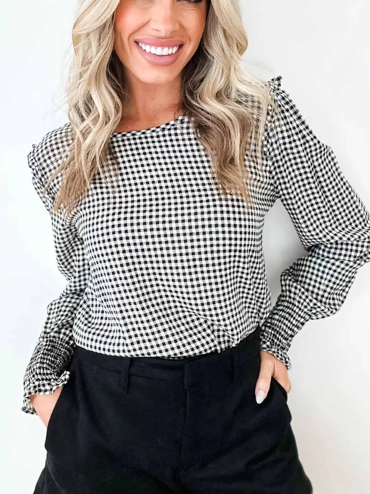 Plaid Shirred Cuff Long Sleeve Round Neck Blouse
