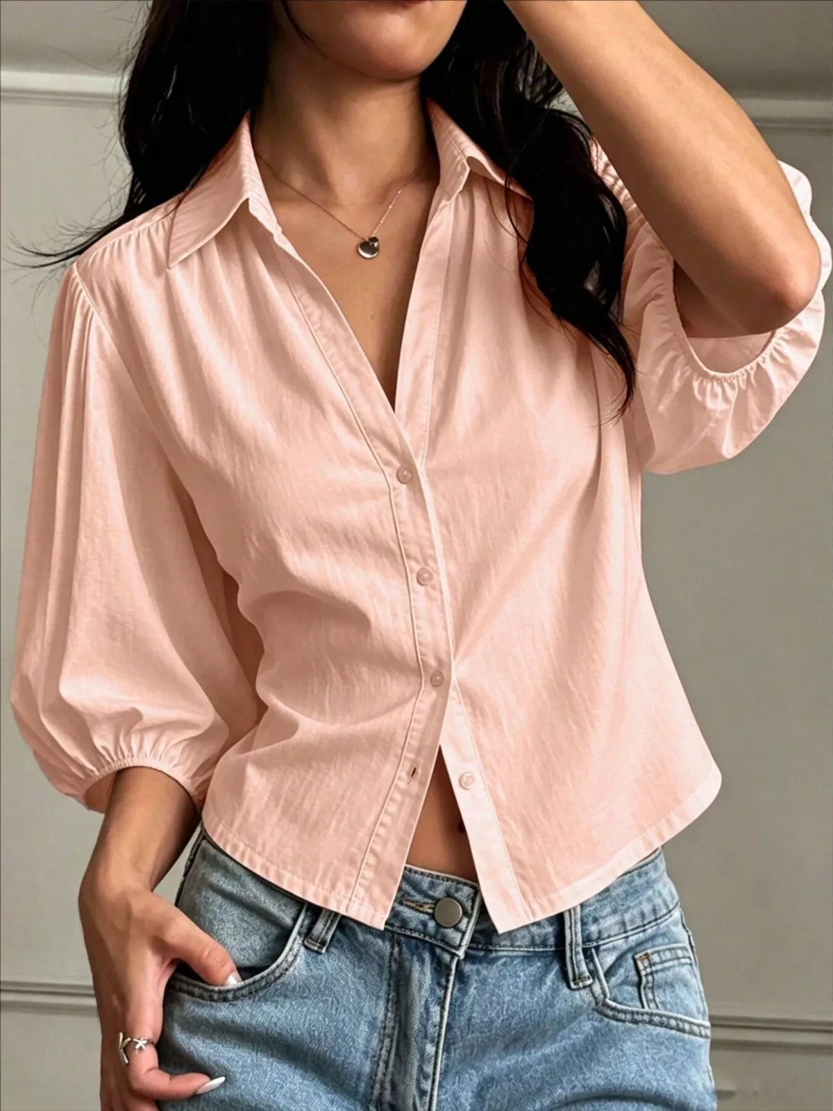 Button-Down Shirt with Puff Sleeves