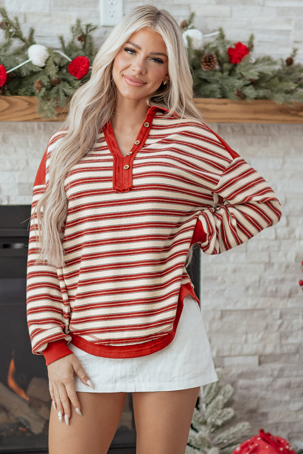 Stripe Buttoned Collared V-Neck Drop Shoulder Top