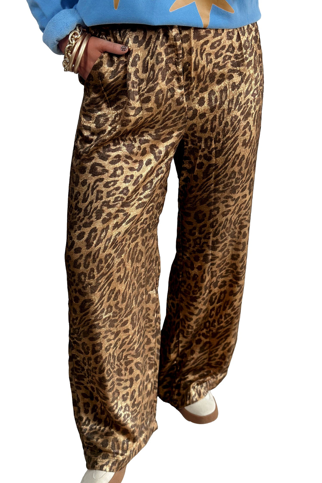 Multicolour Leopard Print Western Style Wide Leg Full Length Pants