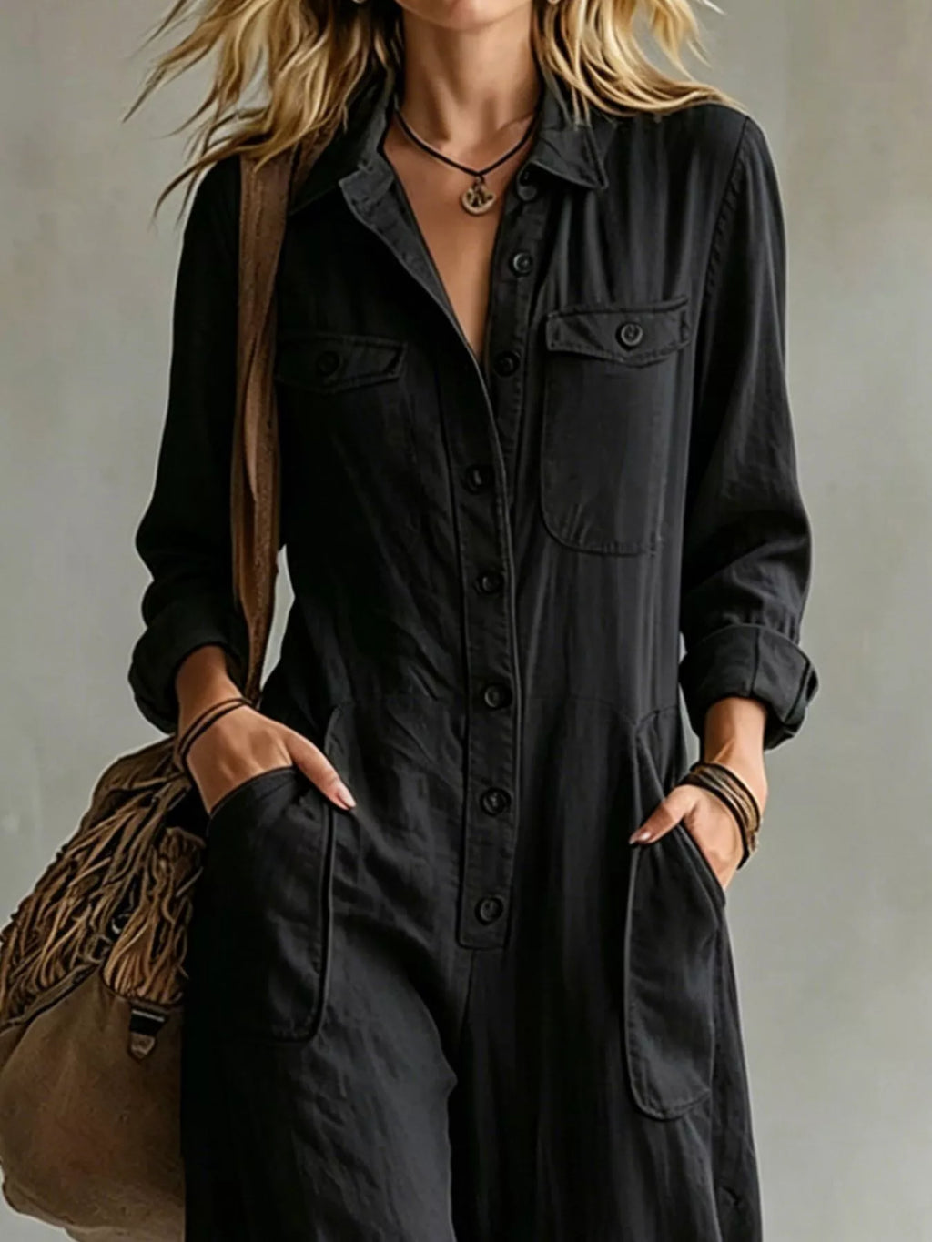 Full Size Long Sleeve Button Front Jumpsuit Plus Size