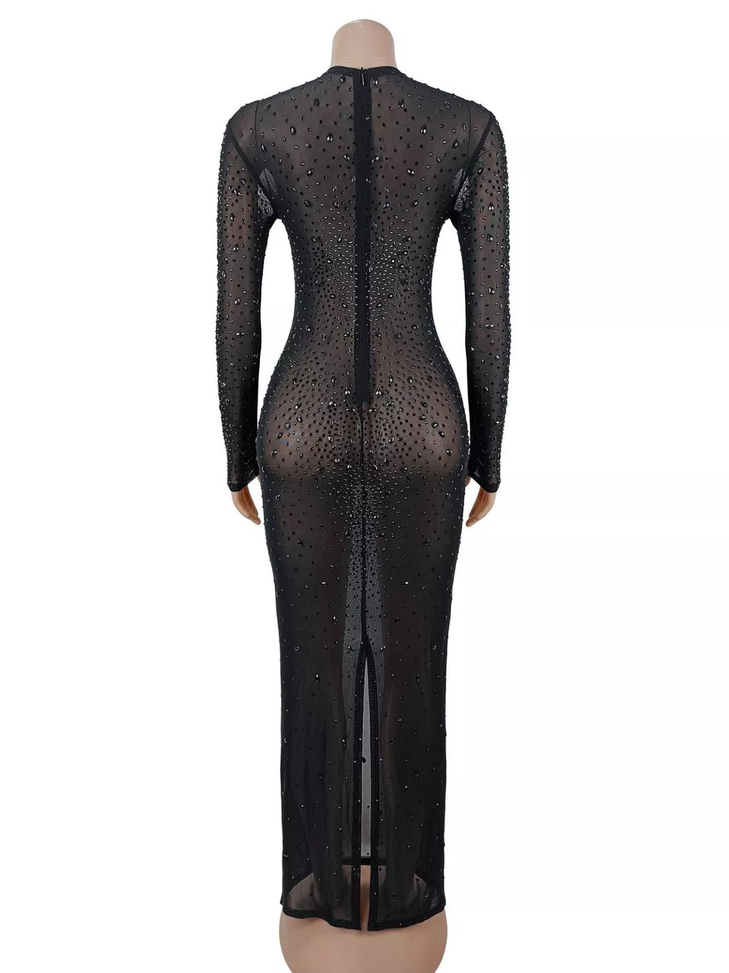 Sheer Mesh Rhinestone Embellished Long Sleeve Evening Dress