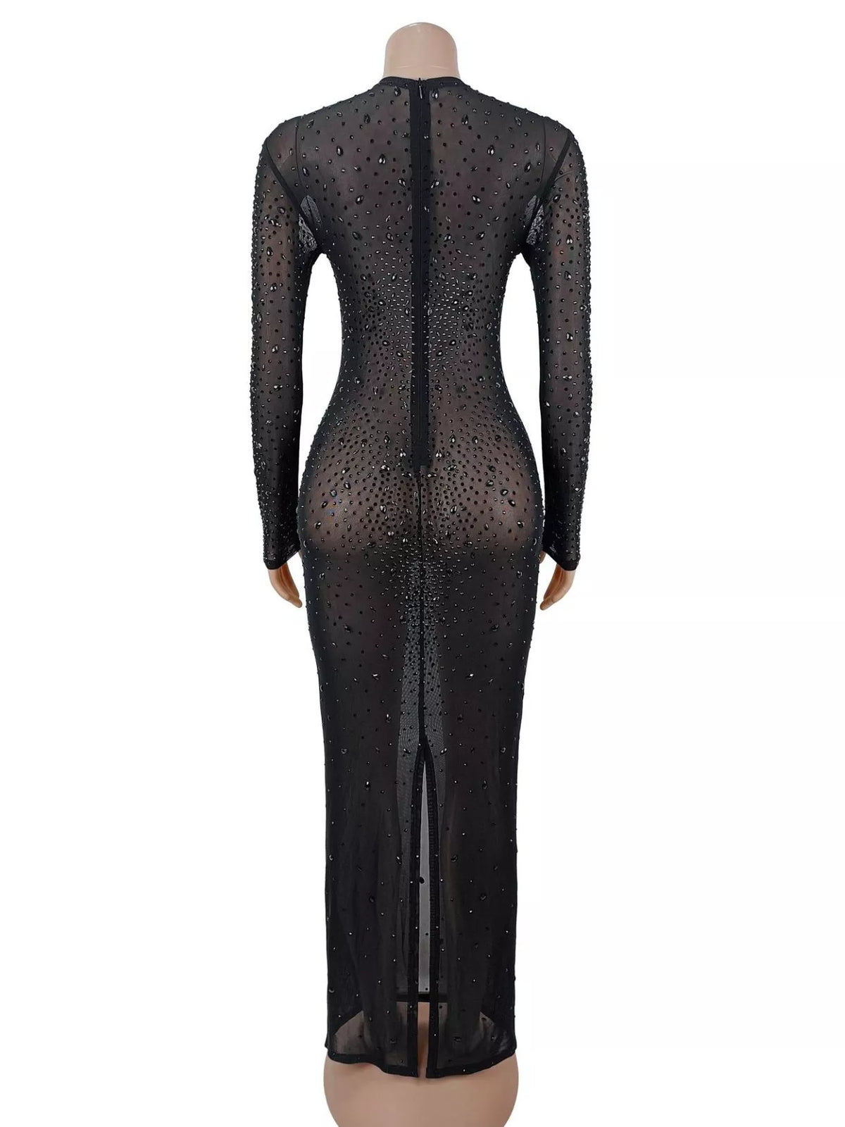 Sheer Mesh Rhinestone Embellished Long Sleeve Evening Dress