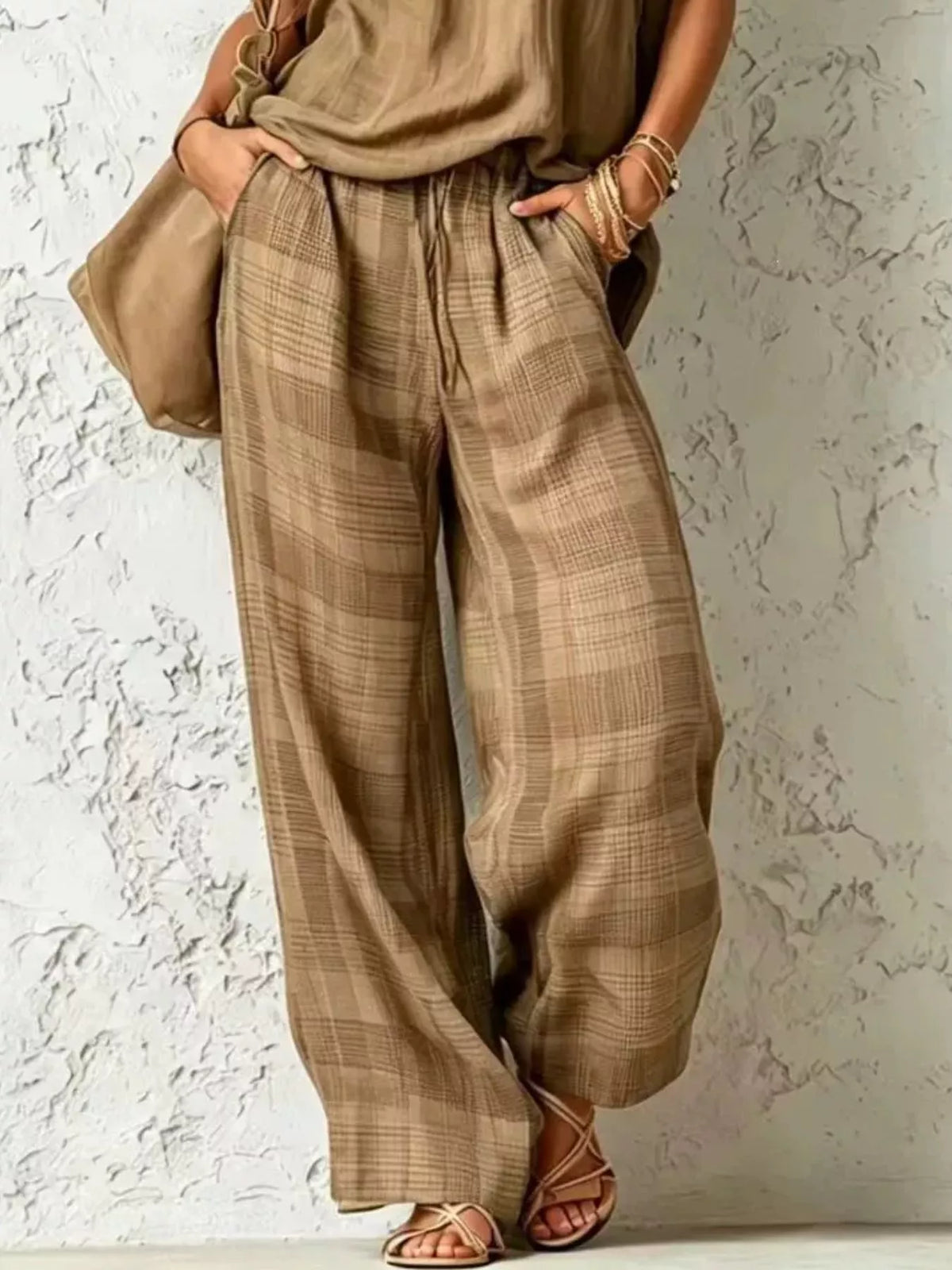 Full Size Sleeveless Cowl Neck Top and Plaid Wide-Leg Pant Two-Piece Set Plus Size
