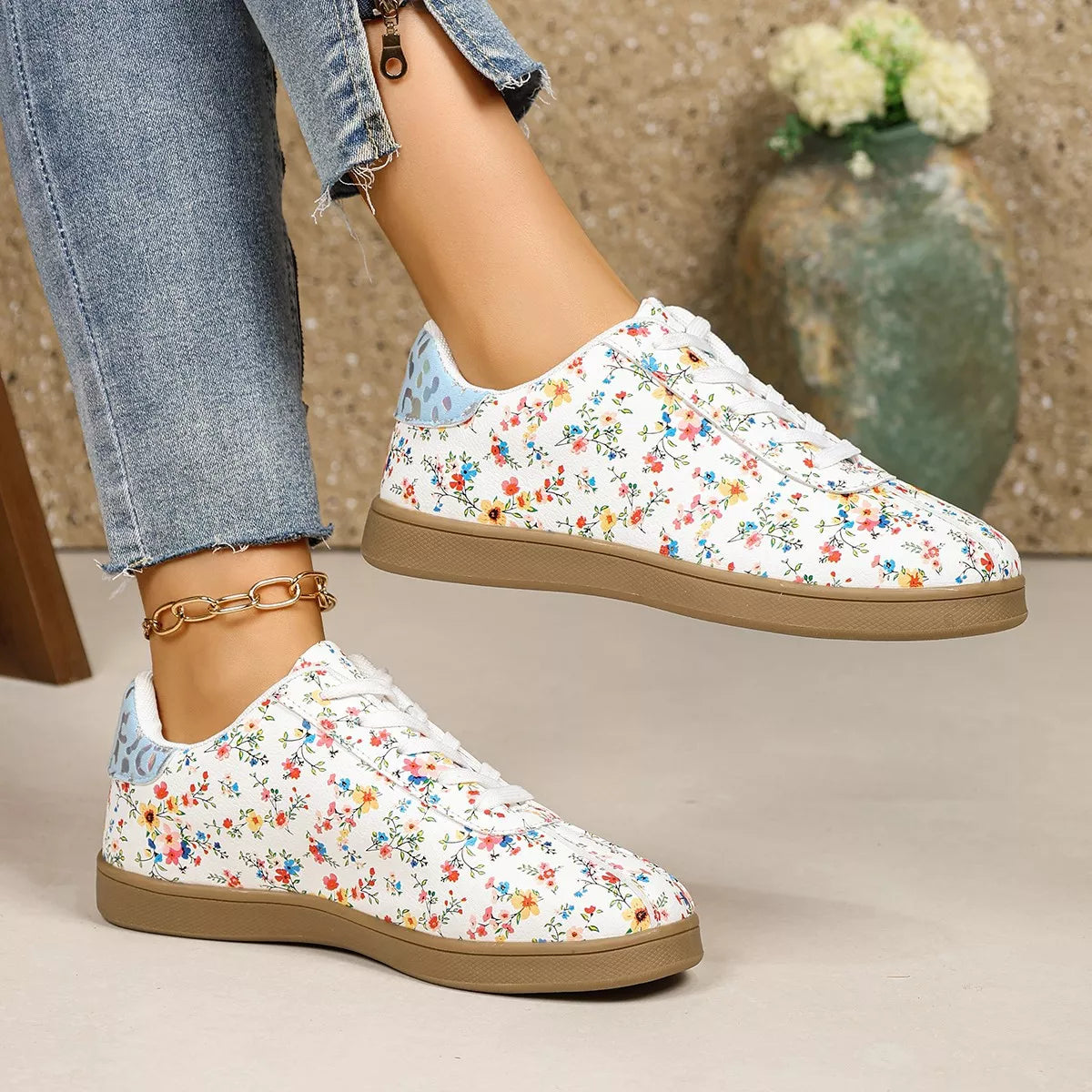 Floral Print Lace-Up Sneakers
