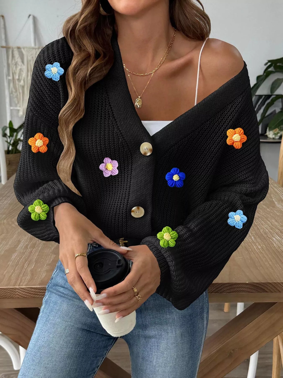 3D Floral Appliques Button Up Cardigan
