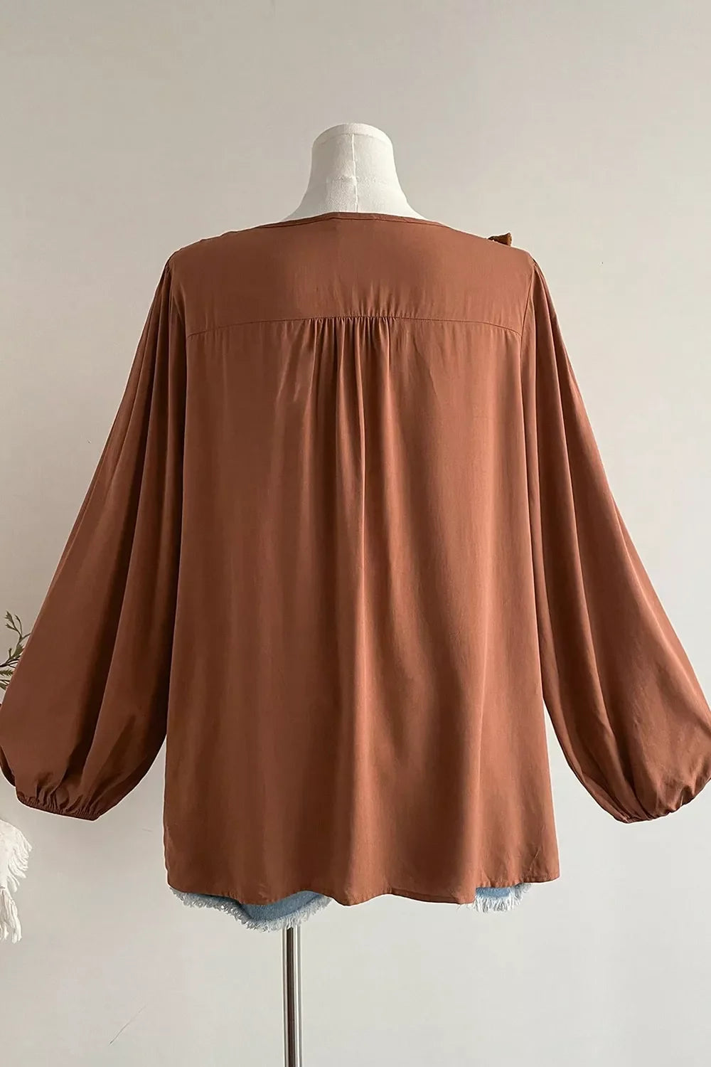 Plus Size V Neck Embroidered Tassel Long Sleeve Blouse